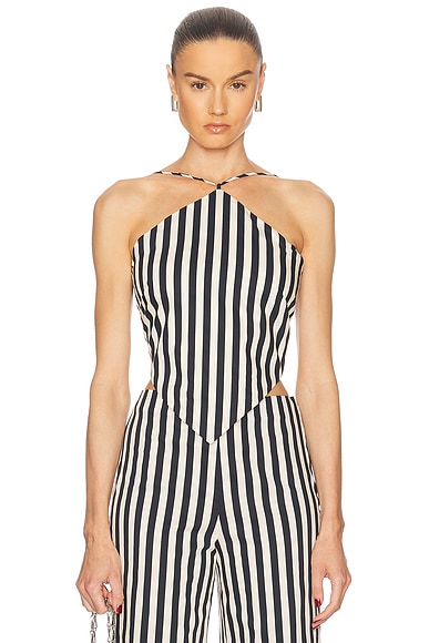 SIMONMILLER Kit Poplin Tie Top in Black & Macadamia Microstripe