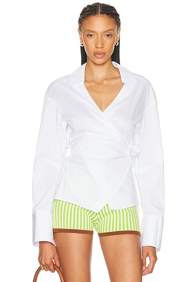 SIMONMILLER Anya Poplin Wrap Top in Macadamia