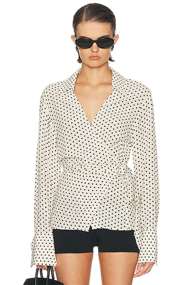 SIMONMILLER Anya Crepe Wrap Top in Macadamia & Black Polka Dot