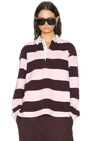SKIMS Long Sleeve Polo in Currant Rugby Stripe