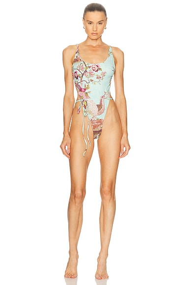 SKIMS X Cavalli Tie Waist One Piece Swimsuit in Fagianella Print