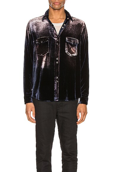 Saint Laurent Velvet Viscose & Silk Cupro Texas Shirt In Navy Light Bleach