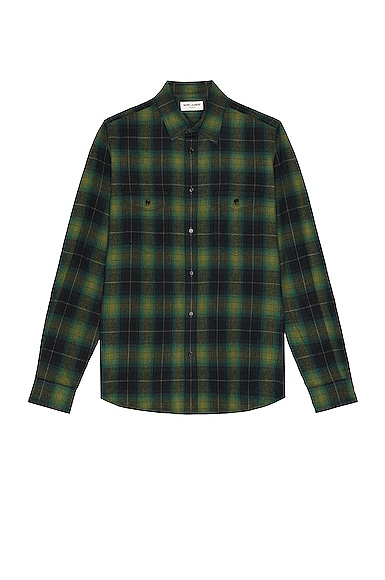 Saint Laurent Check-print Long-sleeve Shirt In Green  Black  & White