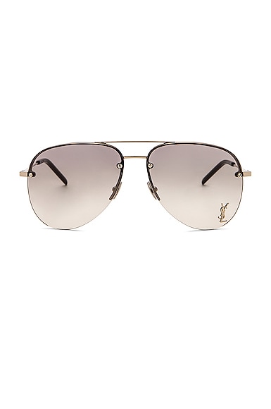Saint Laurent Classic 11M Aviator Sunglasses in Shiny Silver & Gradient Grey