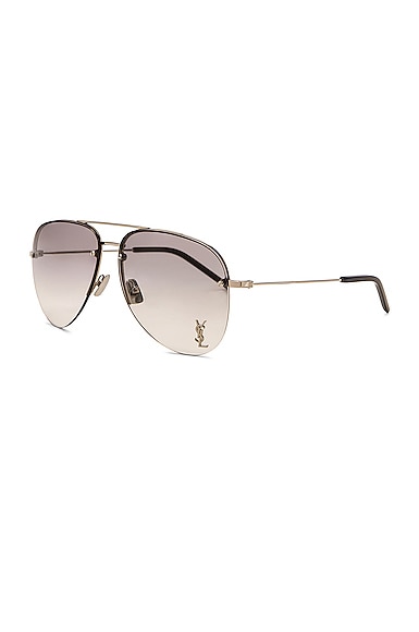Saint Laurent Classic 11 Blk Vlt 45 Aviator Sunglasses In Shiny Silver & Gradient Grey