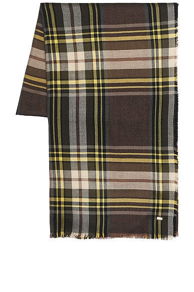Saint Laurent Large Fringed Scarf in Brown & Dark Green