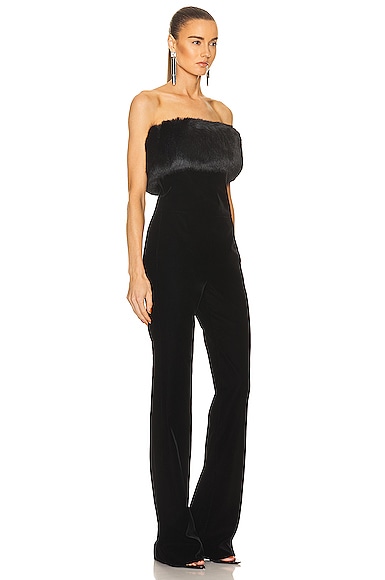 Saint Laurent Faux Fur-trimmed Velvet Bandeau Jumpsuit In Noir