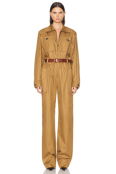 Shop Saint Laurent Long Sleeve Jumpsuit In Camel