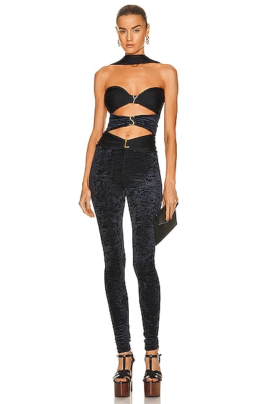 YSL Lavallière + Jumpsuit 2個セット Saint Laurent Embellished Cutout Satin And Velvet Jumpsuit - Black