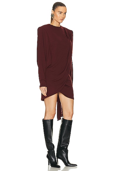 Shop Saint Laurent Long Sleeve Draped Dress In Rouge Piment