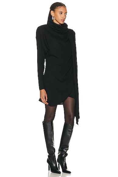 Saint Laurent Hooded Draped Dress In Noir
