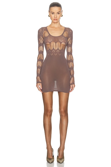 Saint Laurent Cut Out Long Sleeve Dress in Taupe