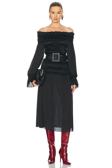Saint Laurent Off The Shoulder Midi Dress in Noir