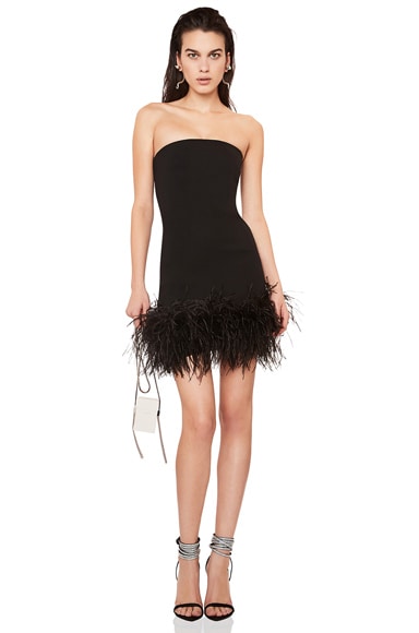 Feather Hem Strapless Crepe Dress
