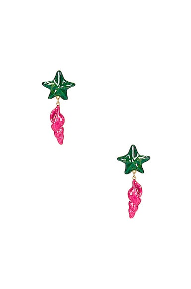 Saint Laurent Star and Seashell Earrings in Light Gold & Pink & Green
