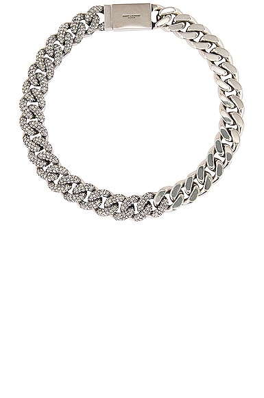 Saint Laurent Rhinestone Thick Curb Chain Necklace in Metallic Silver