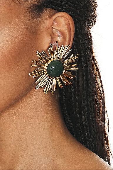 Saint Laurent Sun Oversized Gold-tone And Stone Clip Earrings In Green & Gold