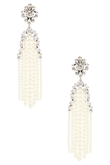 Saint Laurent Rhinestone & Pearl Chandelier Earrings in Cream & Silver Shade