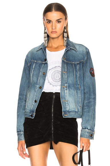 Pleated Denim Jacket with Shoulder Patch