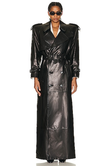 Saint Laurent Leather Trench Coat in Noir | FWRD