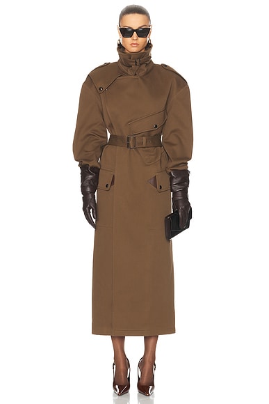Saint Laurent Belted Coat In Brown