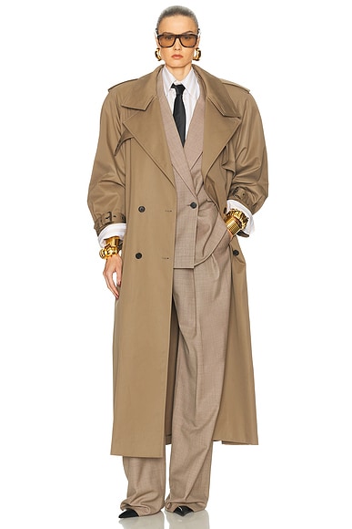 Saint Laurent Belted Trench Coat in Taupe Plaza