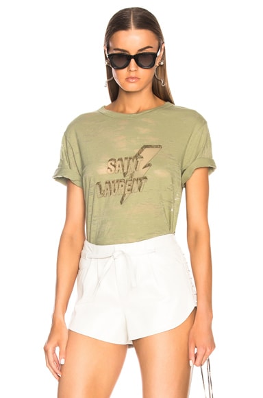 Saint Laurent Lightning Bolt Logo Graphic Tee in Khaki Brown