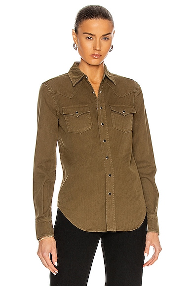 Saint Laurent Flap-pocket Denim Shirt In Khaki Stone Wash