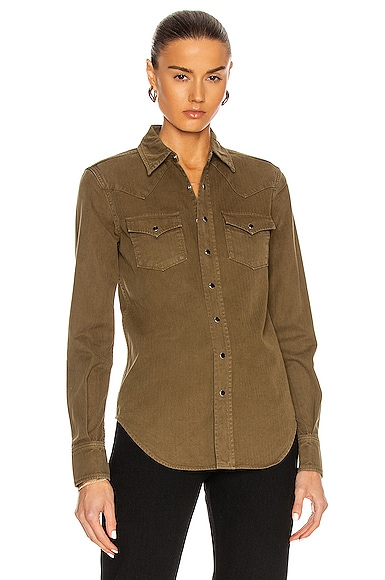 Shop Saint Laurent Denim Shirt In Khaki Stone Wash