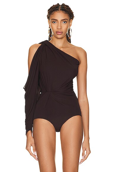 Saint Laurent Gathered One-shoulder Jersey Bodysuit In Aubergine