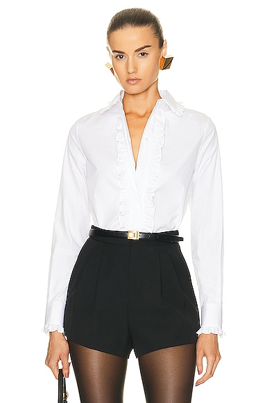 Saint Laurent Ruffle Long Sleeve Shirt in Blanc