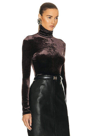 Saint Laurent Long Sleeve Turtleneck Top In Chocolate