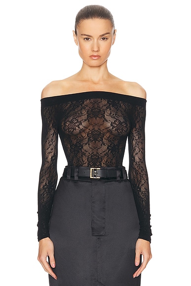 Saint Laurent Lace Off The Shoulder Bodysuit in Noir