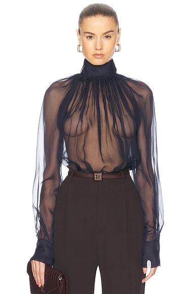 Saint Laurent Long Sleeve Blouse in Midnight Blue