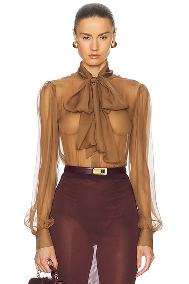 Saint Laurent Sheer Long Sleeve Blouse in Caramel