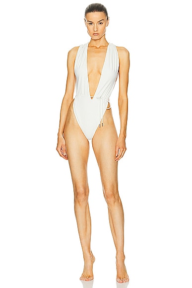 Shop Saint Laurent Plunge One Piece Swimsuit In Blanc Creme