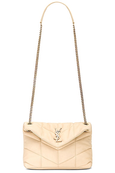 Saint Laurent Small Puffer Bronze Metal Chain Bag In Off White