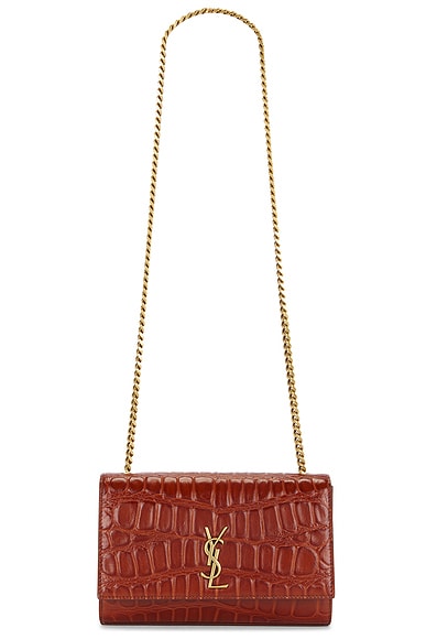 Saint Laurent Small Kate Croc Chain Bag in Rust Brown & Brown