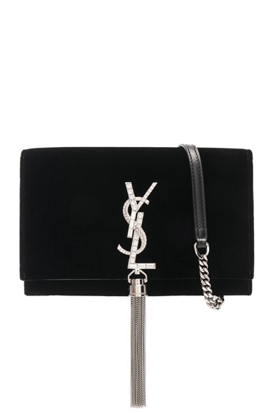 Saint Laurent Crystal Logo Velvet Kate Tassel Chain Wallet in Black Crystal FWRD