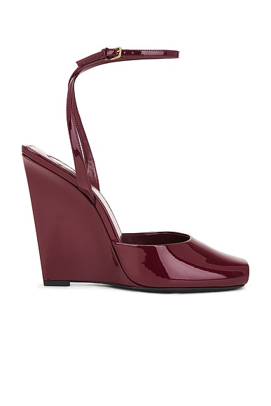 Saint Laurent Orhand Peep Toe Wedge in Fluffy Chataigne | FWRD Saint Laurent Orhand Peep Toe Wedge in Fluffy Chataigne | FWRD