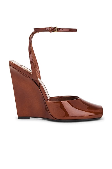 Saint Laurent Orhand Peep Toe Wedge in Fluffy Chataigne