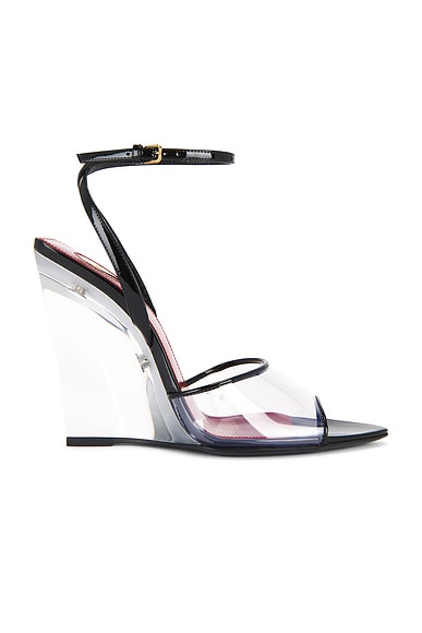 Saint Laurent Vera Wedge Sandal in Transparent & Nero