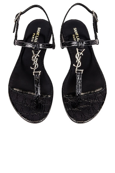 Saint Laurent Cassandra Embossed Croc Flat Sandals in Noir