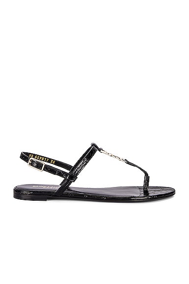 Saint Laurent Cassandra Embossed Croc Flat Sandals In Noir