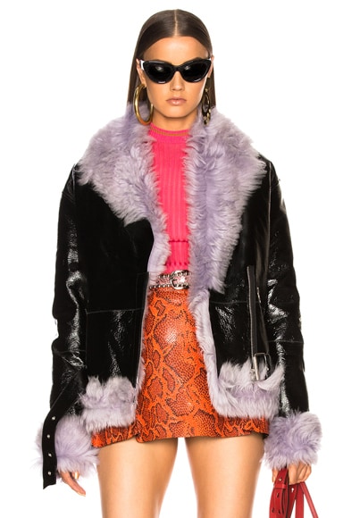 Sandy Liang Bowery Moto Jacket With Lamb Shearling in Black