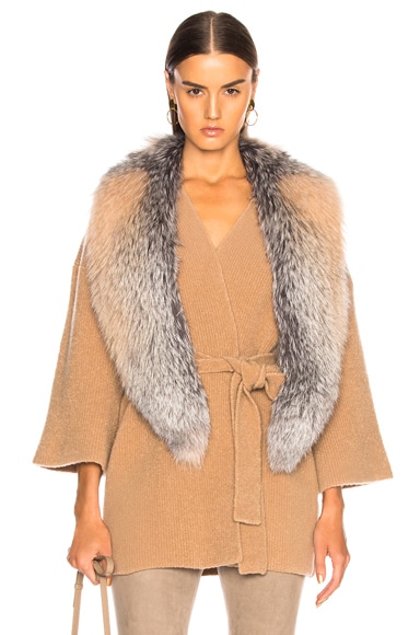 Cashmere Silk Boucle Wrap Cardigan with Fox Fur Stole