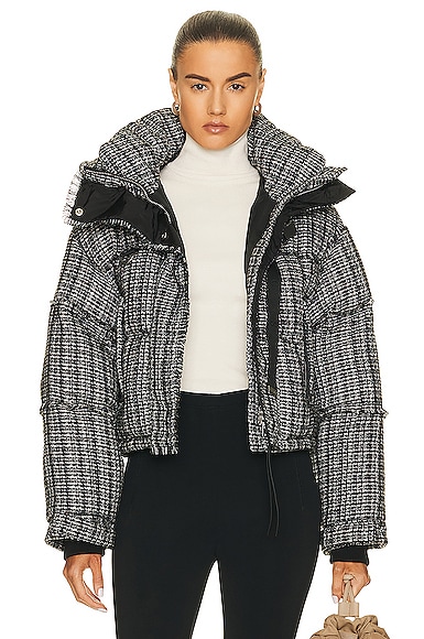 Shoreditch Ski Club Black And White Willow Leah Tweed Puffer Jacket In Black & White
