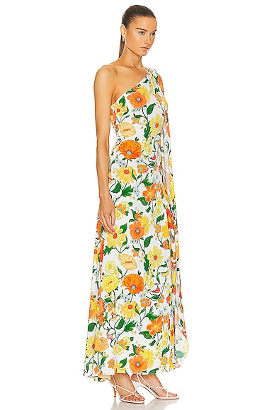 Shop Stella Mccartney Garden Print One Shoulder Cape Dress In Multicolor Orange