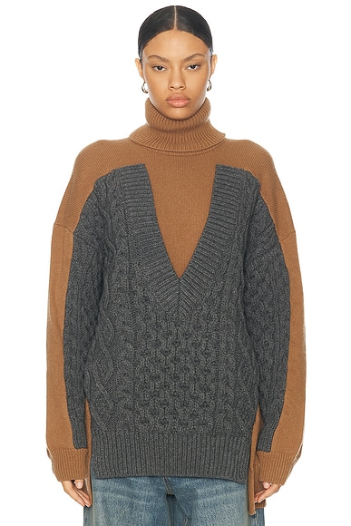 Stella McCartney Oversized Paneled Cable Turtleneck Sweater in Camel & Grey