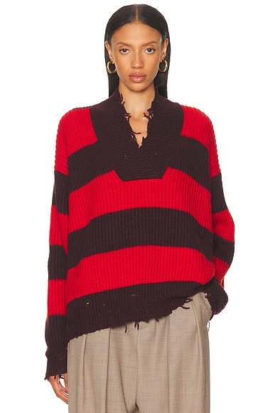 Stella McCartney Sporty Stripe V Neck Jumper in Bordeaux & Red